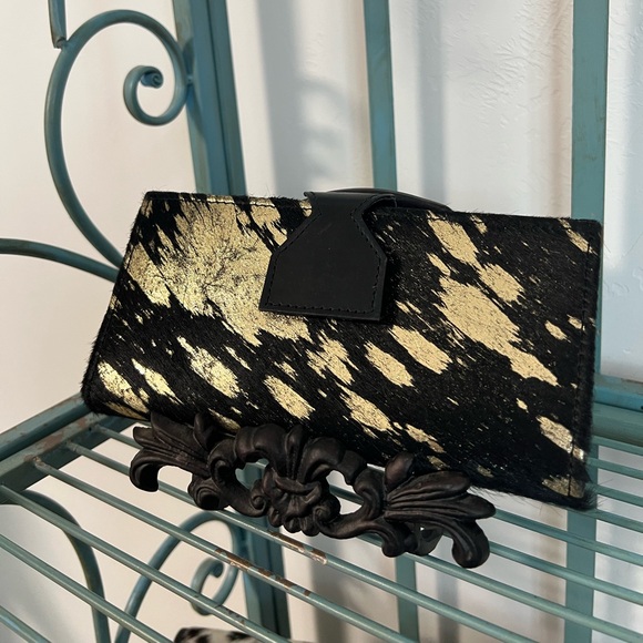 🎁Gold metallic Black Genuine Cowhide Leather Handmade womens Checkbook Wallet - Picture 3 of 10